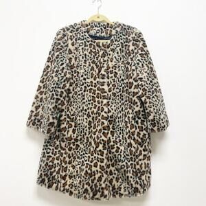 Dennis by Dennis Basso Women L Brown Cheetah Print Lined Sheared Faux Fur Topper